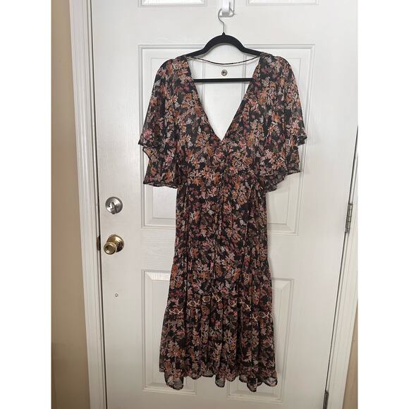 Zara Dress Boho Floral Chiffon Midi Ruffle Flutter Sleeves Size Small - Picture 5 of 9
